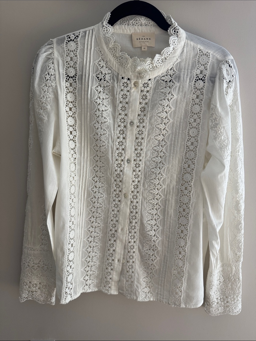 Sezane White Lace Button-Down Blouse
